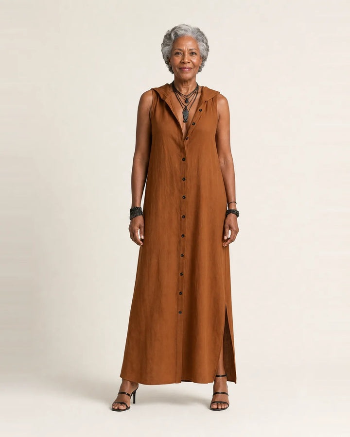 Mirabell | Hooded Button-Front Sleeveless Linen Maxi Dress — Brown
