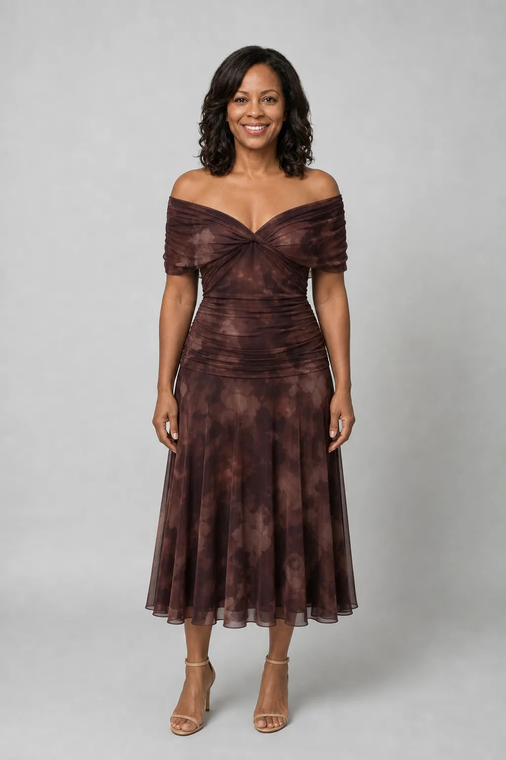 Calen | Off Shoulder Flow Midi Dress — Brown