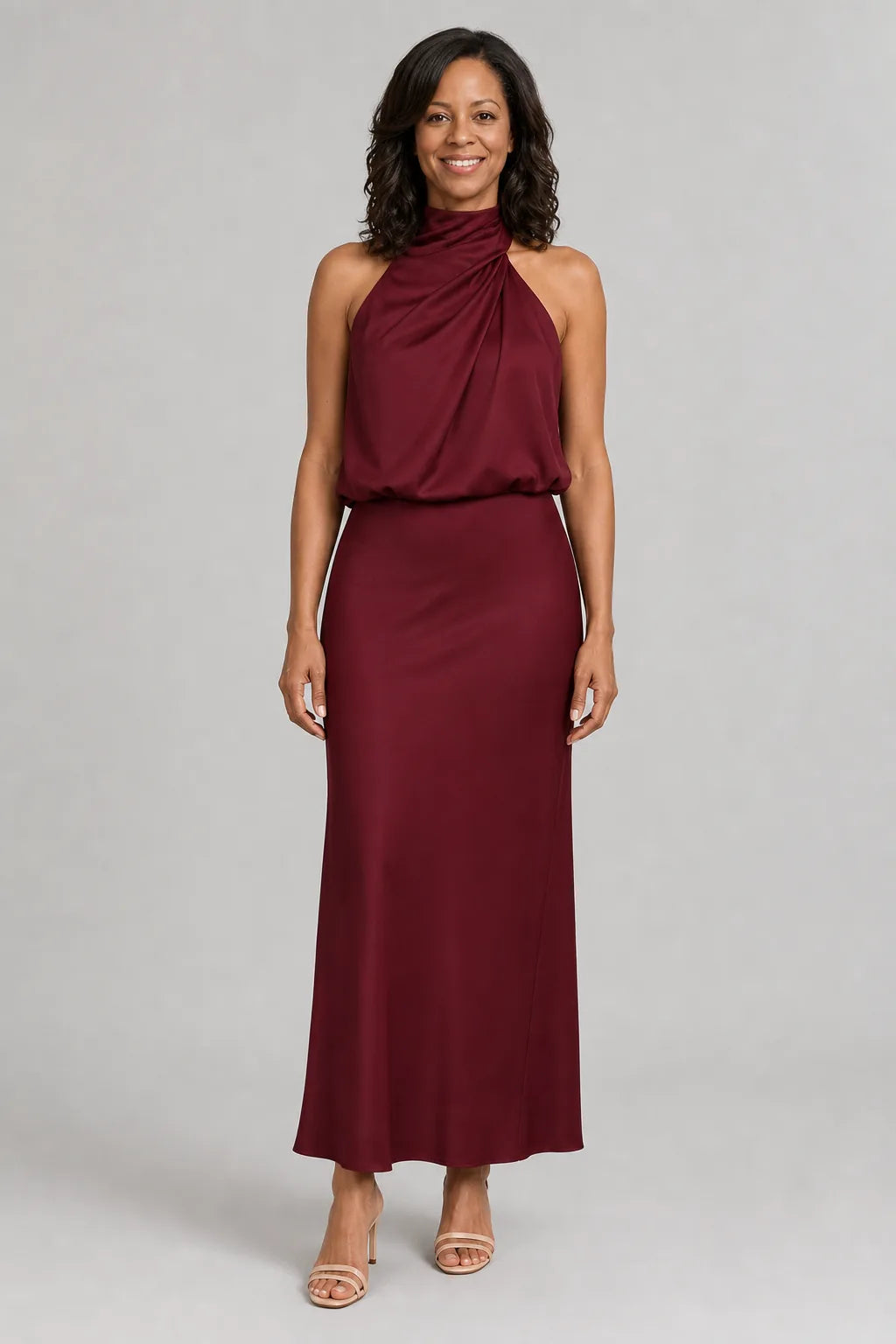 Nopal | Sleeveless Draped Neck Midi Dress — Burgundy