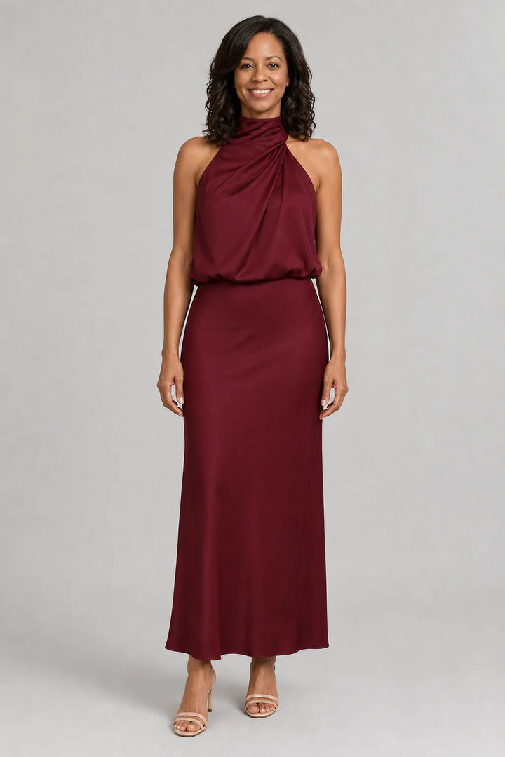 Nopal | Sleeveless Draped Neck Midi Dress — Burgundy