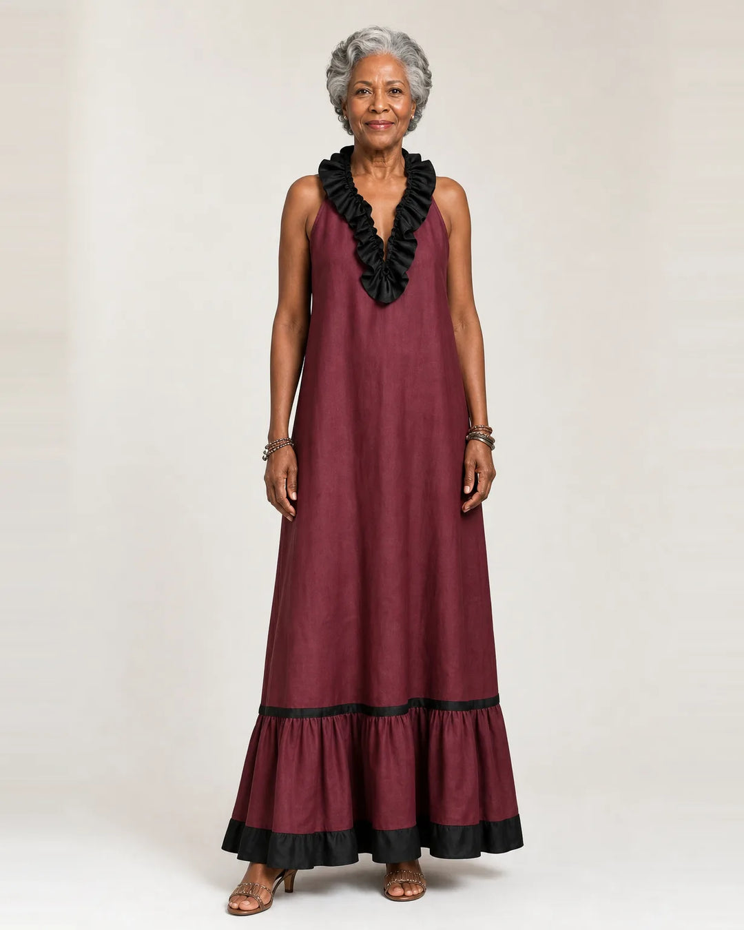 Mayline | Sleeveless Ruffle-Neck Contrast-Trim Maxi Dress — Burgundy