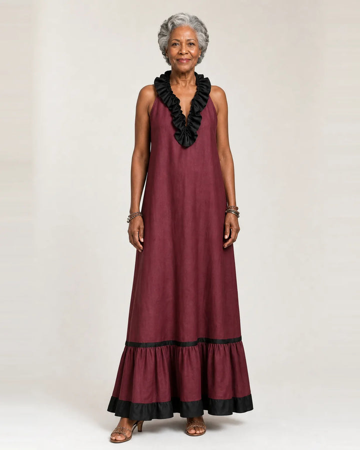 Mayline | Sleeveless Ruffle-Neck Contrast-Trim Maxi Dress — Burgundy