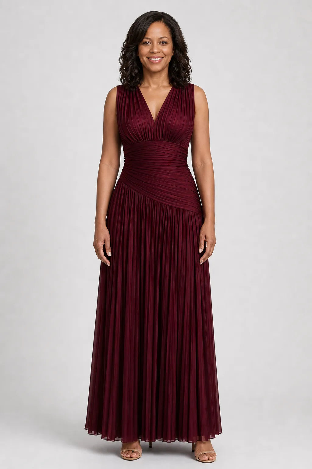 Lemar | Sleeveless Pleated V Neck Midi Dress — Burgundy