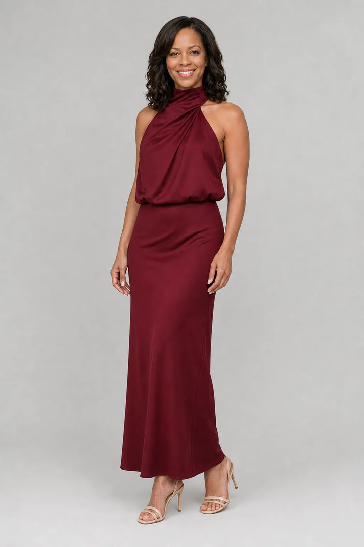 Nopal | Sleeveless Draped Neck Midi Dress — Burgundy