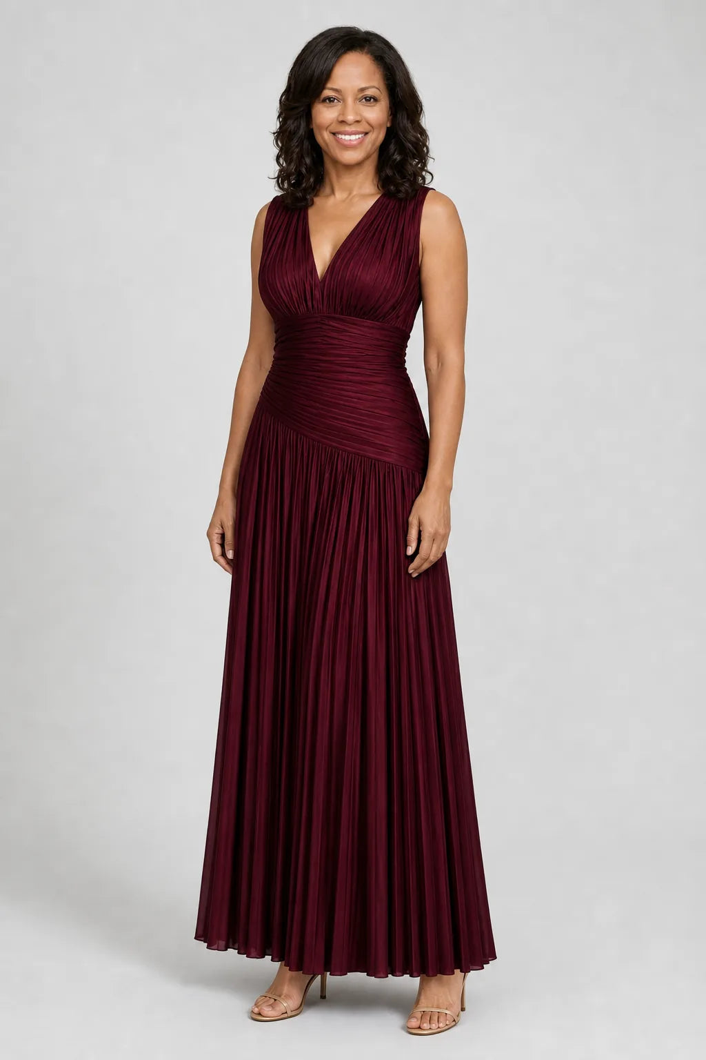 Lemar | Sleeveless Pleated V Neck Midi Dress — Burgundy
