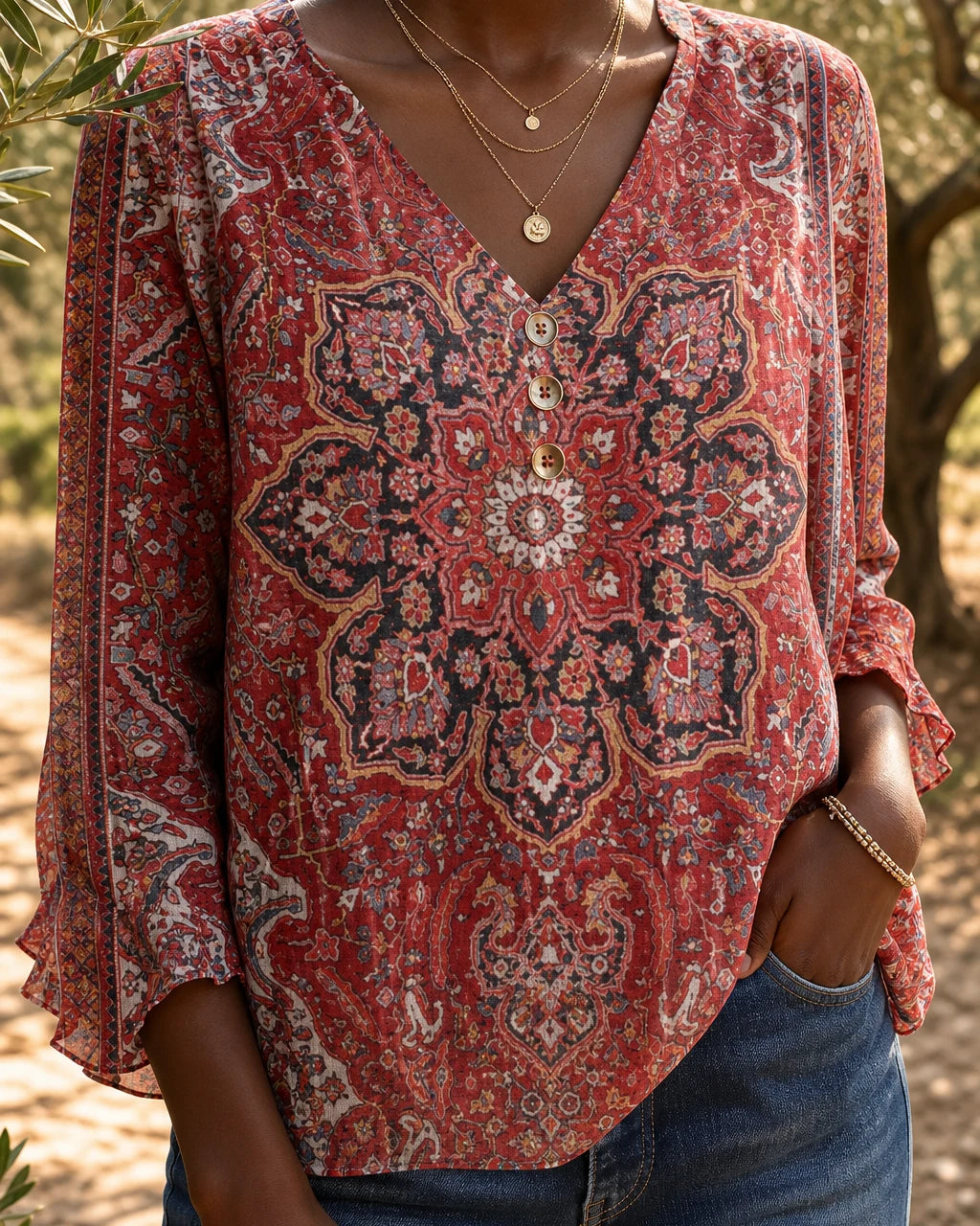 Loretta | Bohemian Print V-Neck Top