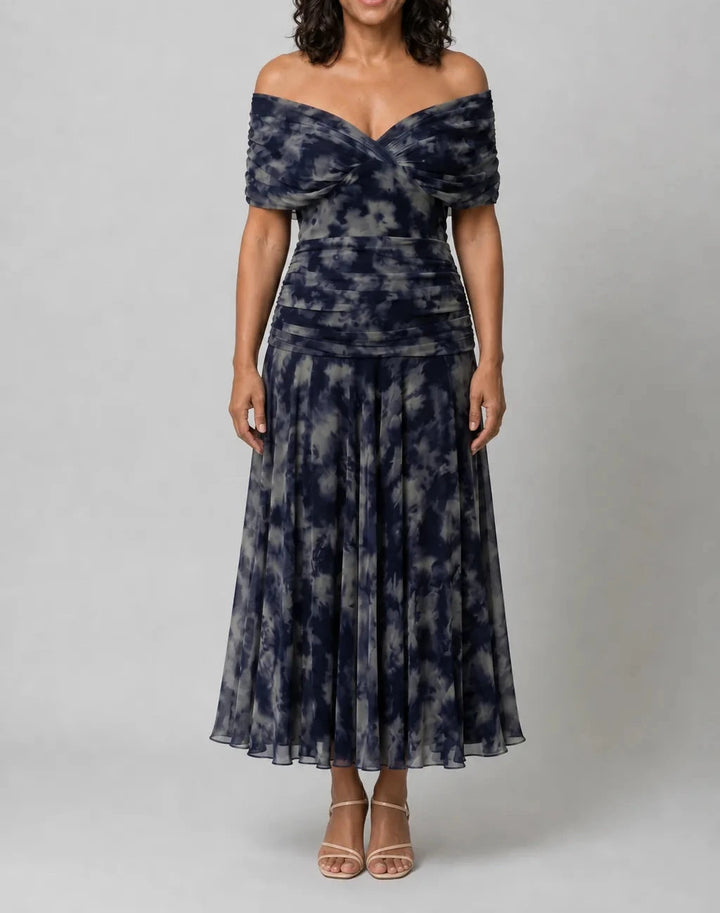 Calen | Off Shoulder Flow Midi Dress — Navy