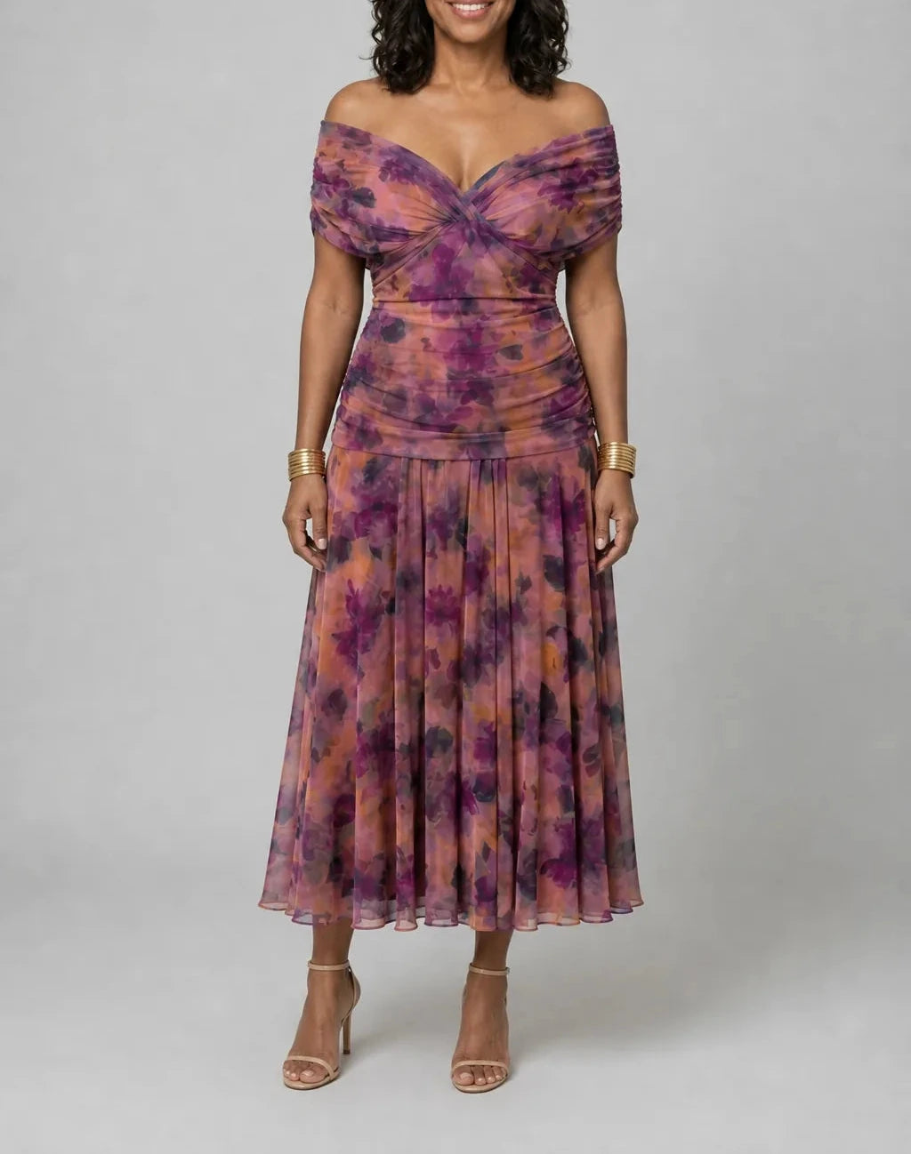 Calen | Off Shoulder Flow Midi Dress — Purple