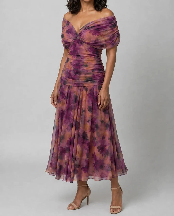 Calen | Off Shoulder Flow Midi Dress — Purple