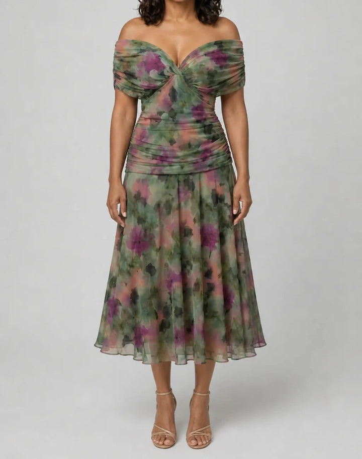 Calen | Off Shoulder Flow Midi Dress — Dark green
