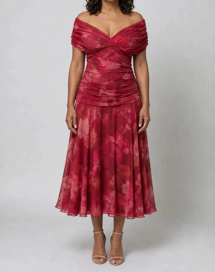 Calen | Off Shoulder Flow Midi Dress — Red
