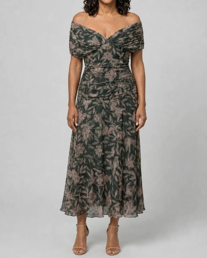 Calen | Off Shoulder Flow Midi Dress — Multicolor
