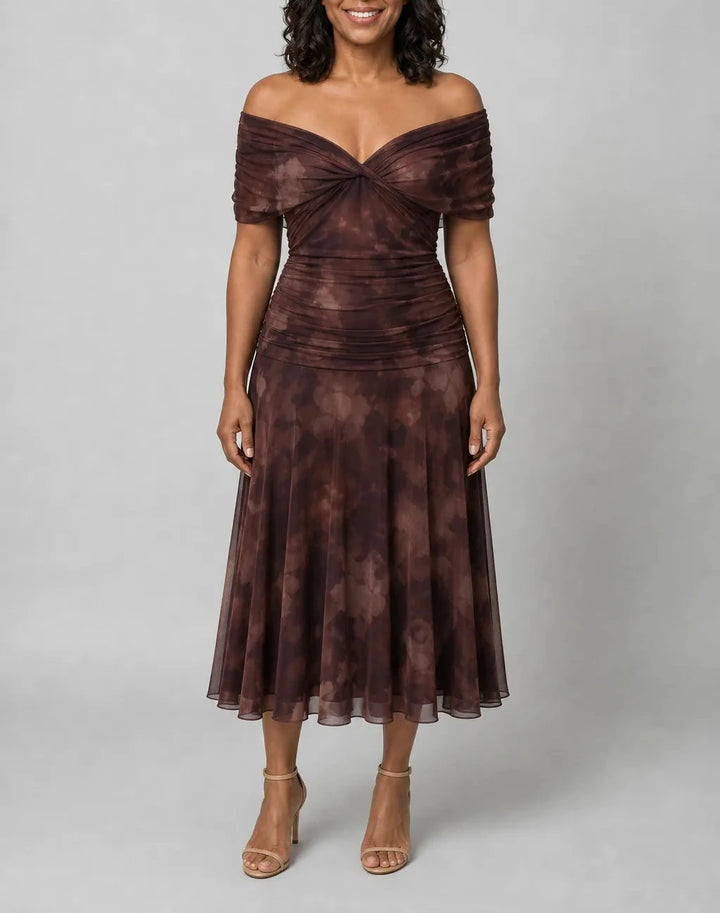 Calen | Off Shoulder Flow Midi Dress — Brown