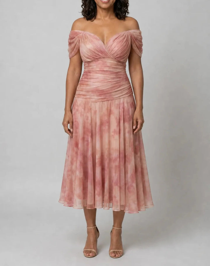 Calen | Off Shoulder Flow Midi Dress — Rose gold