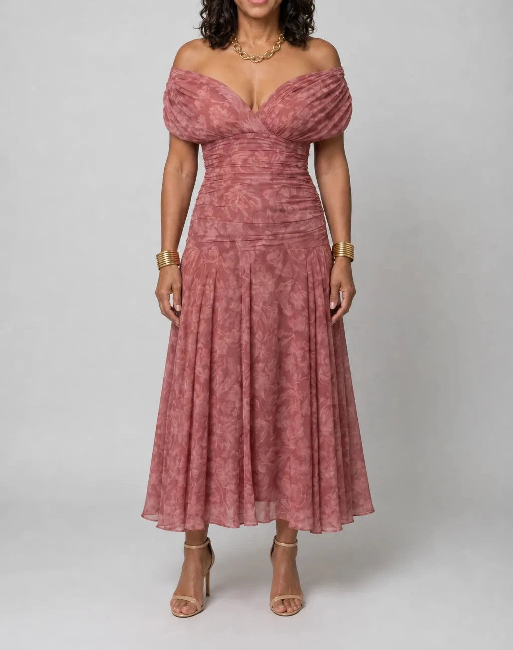 Calen | Off Shoulder Flow Midi Dress — Pink