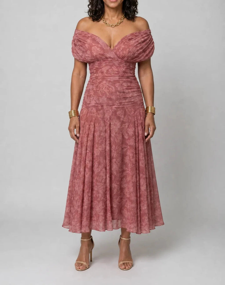 Calen | Off Shoulder Flow Midi Dress — Pink