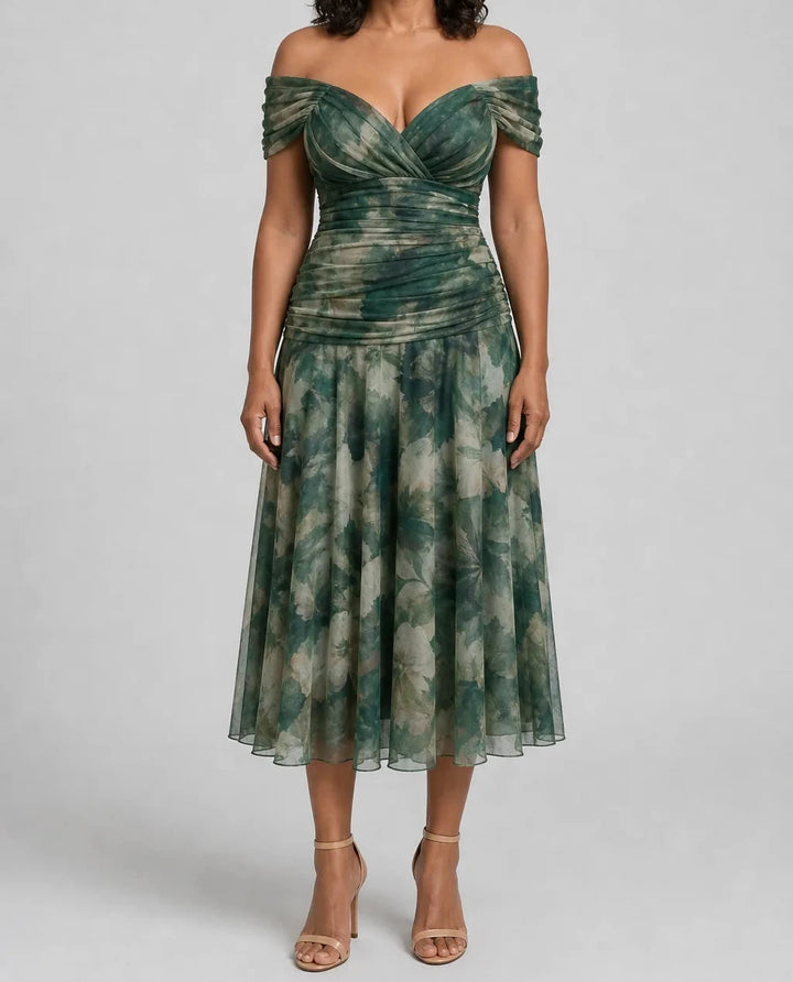 Calen | Off Shoulder Flow Midi Dress — Green