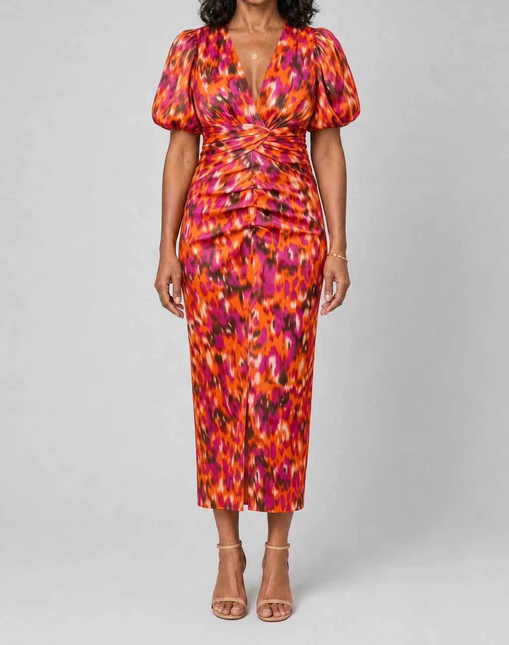 Carla Tummy Flattering Floral Puff-Sleeve Midi Dress