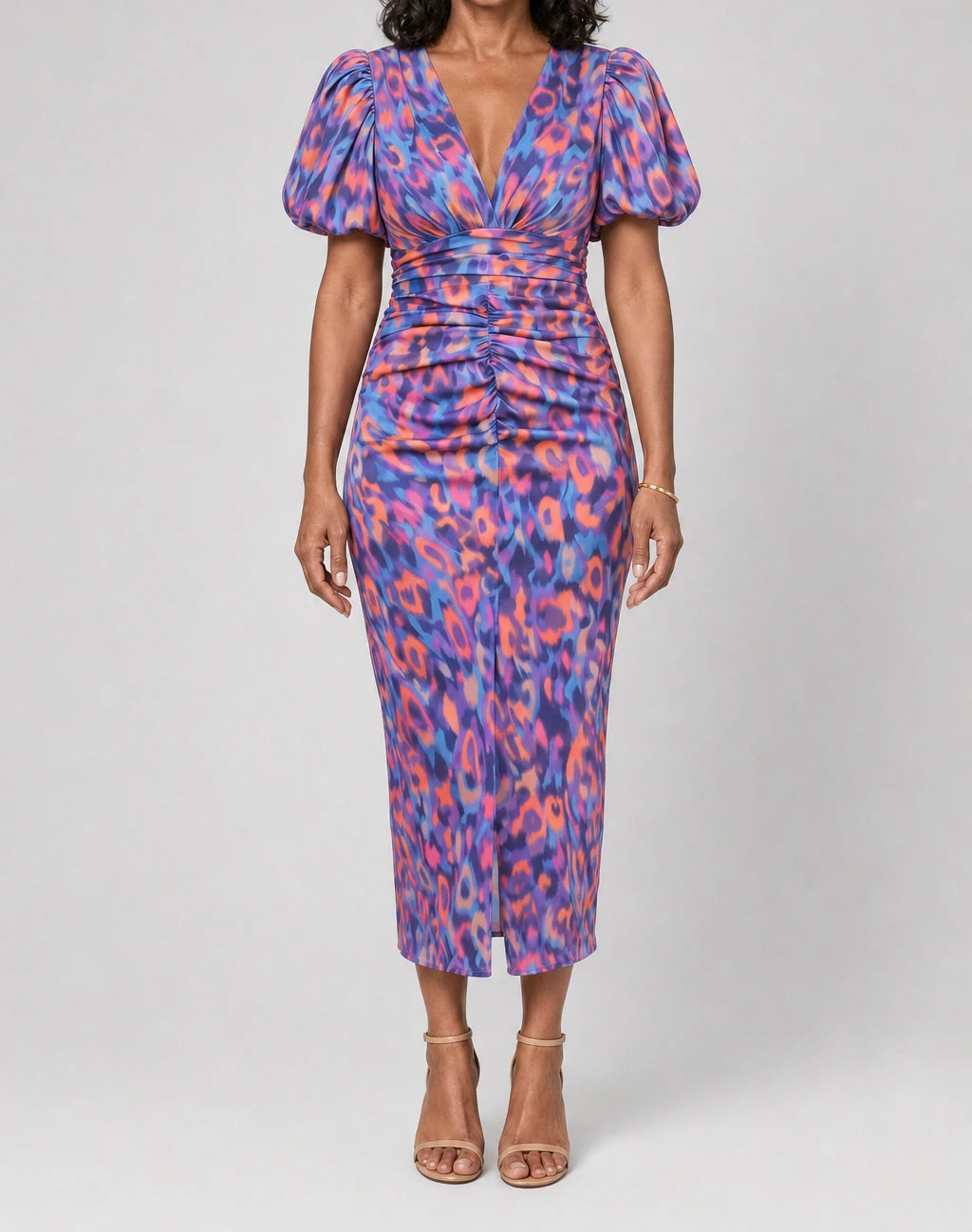 Carla Tummy Flattering Floral Puff-Sleeve Midi Dress