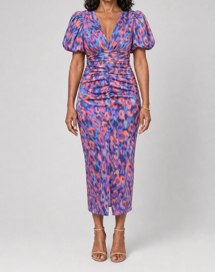 Carla Tummy Flattering Floral Puff-Sleeve Midi Dress