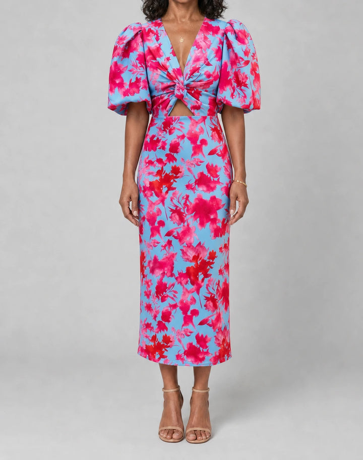 Carla Tummy Flattering Floral Puff-Sleeve Midi Dress