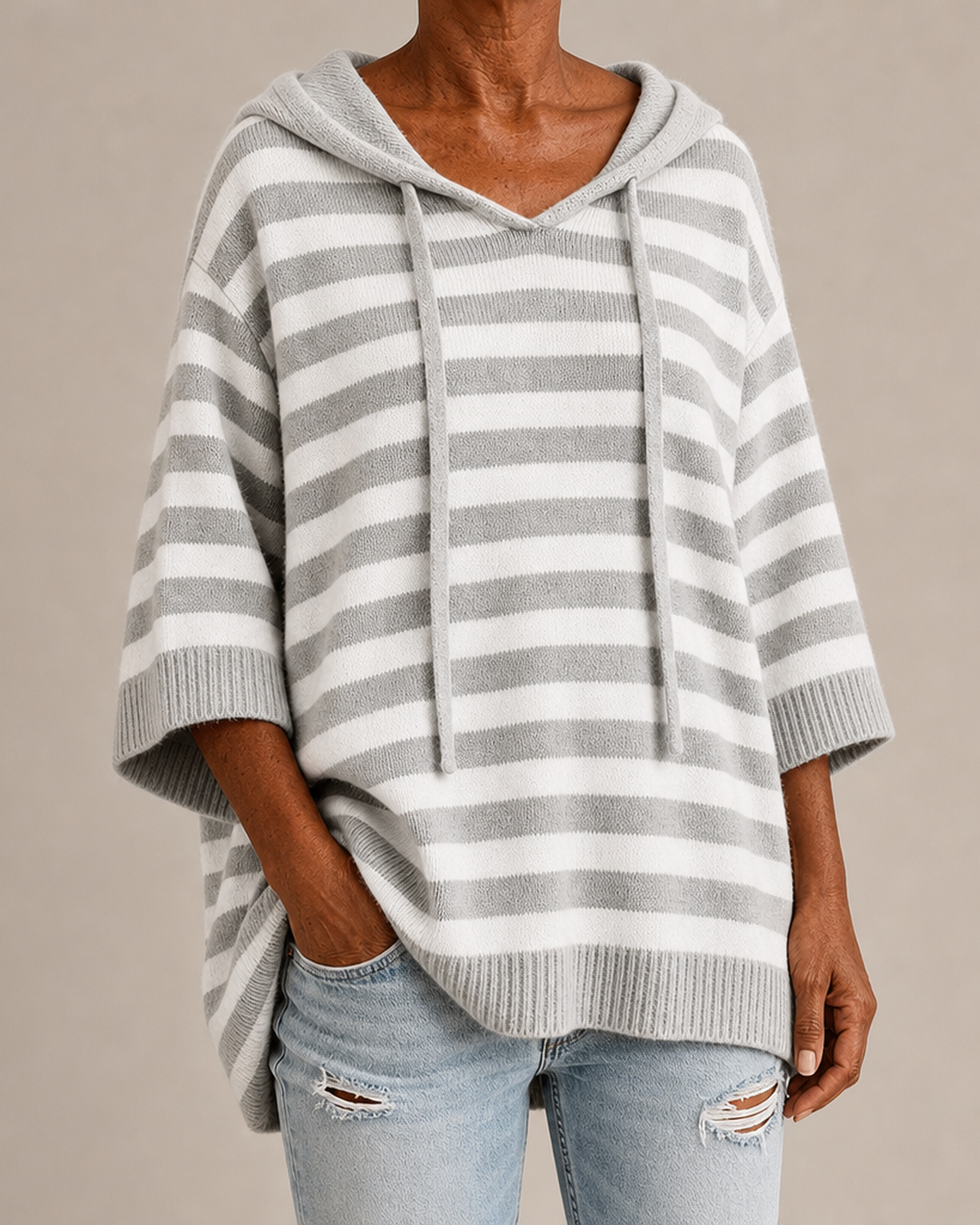 Celine | Gray Striped Poncho Sweater