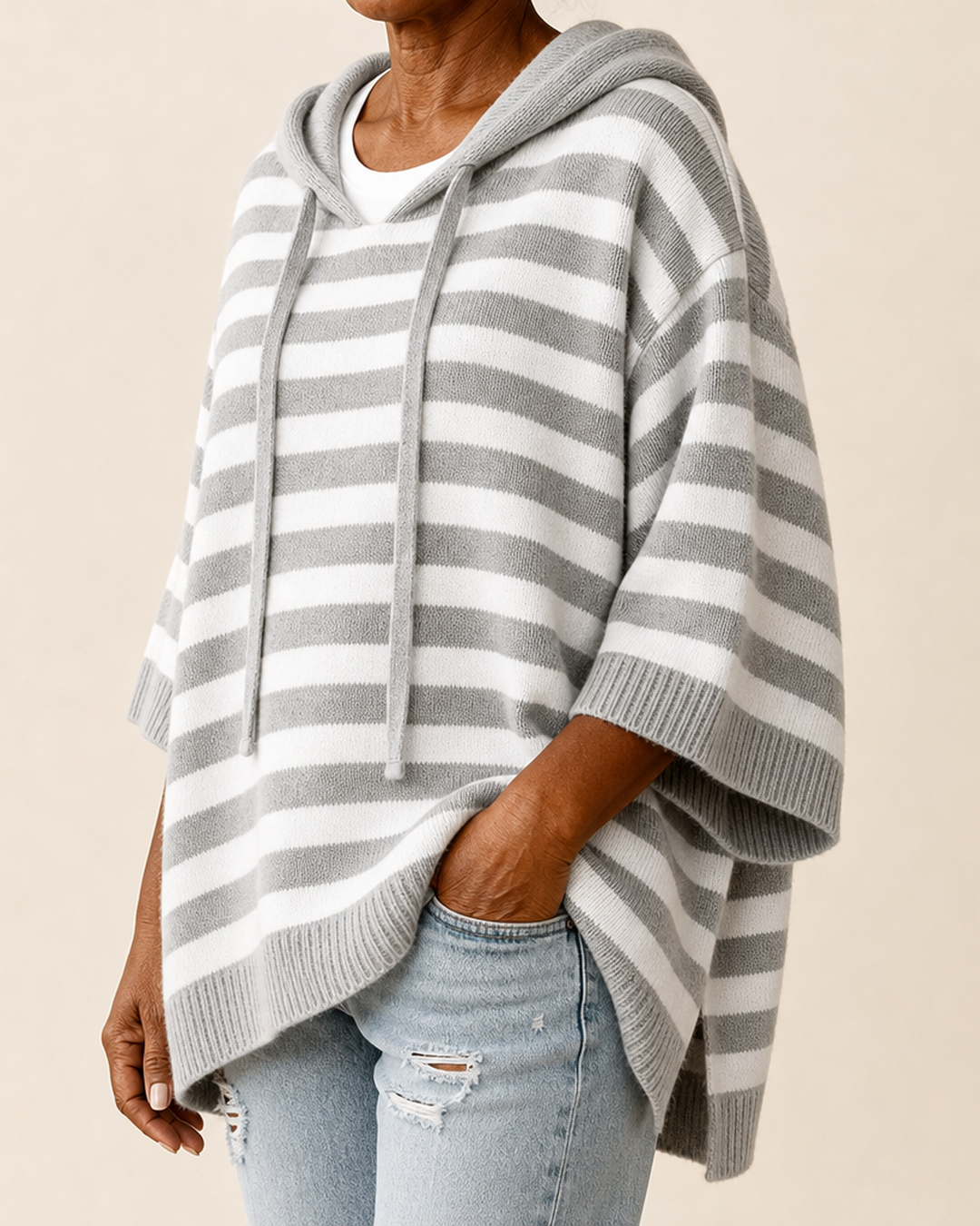 Celine – Gray Striped Poncho Sweater