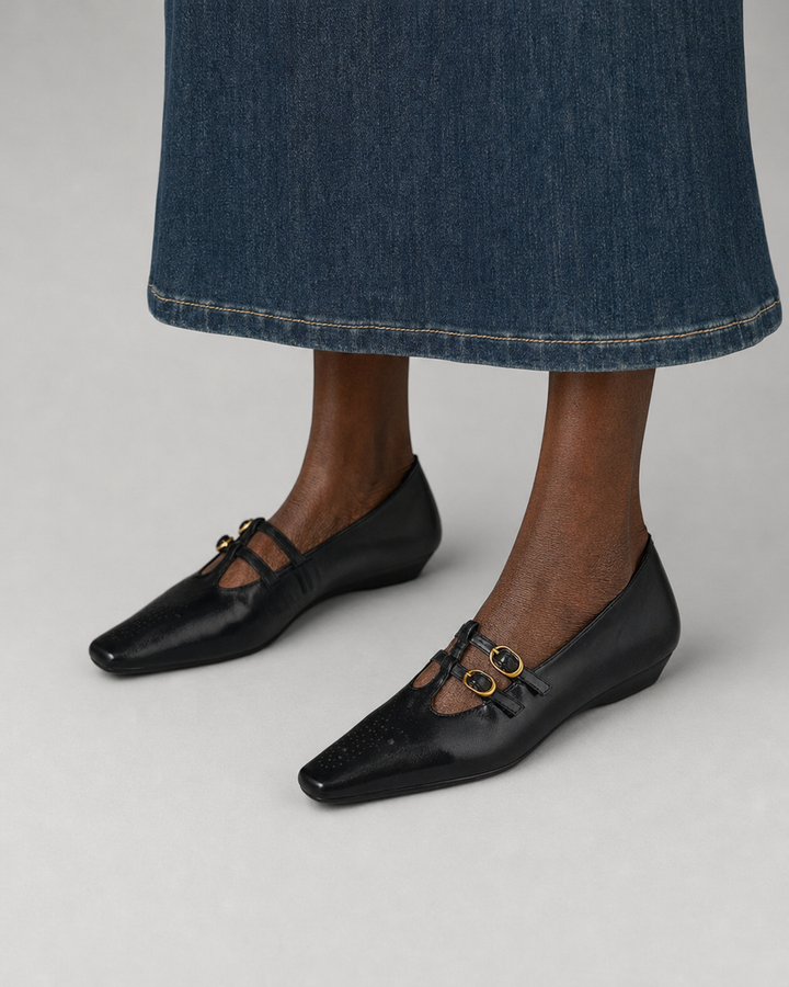 Louvenia | Brogued Double-Strap Mary Jane Flats - Black