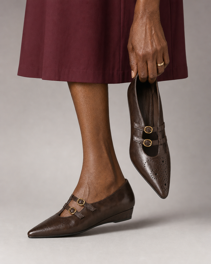 Louvenia | Brogued Double-Strap Mary Jane Flats - Brown