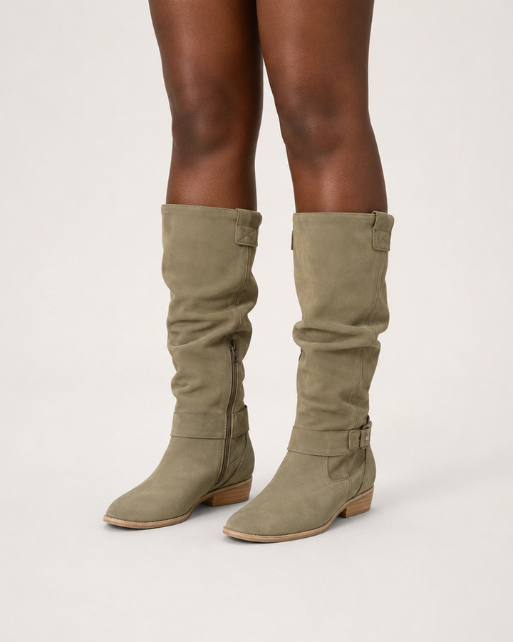 Charlotte | Suede-Look Knee-High Low Heel Boots