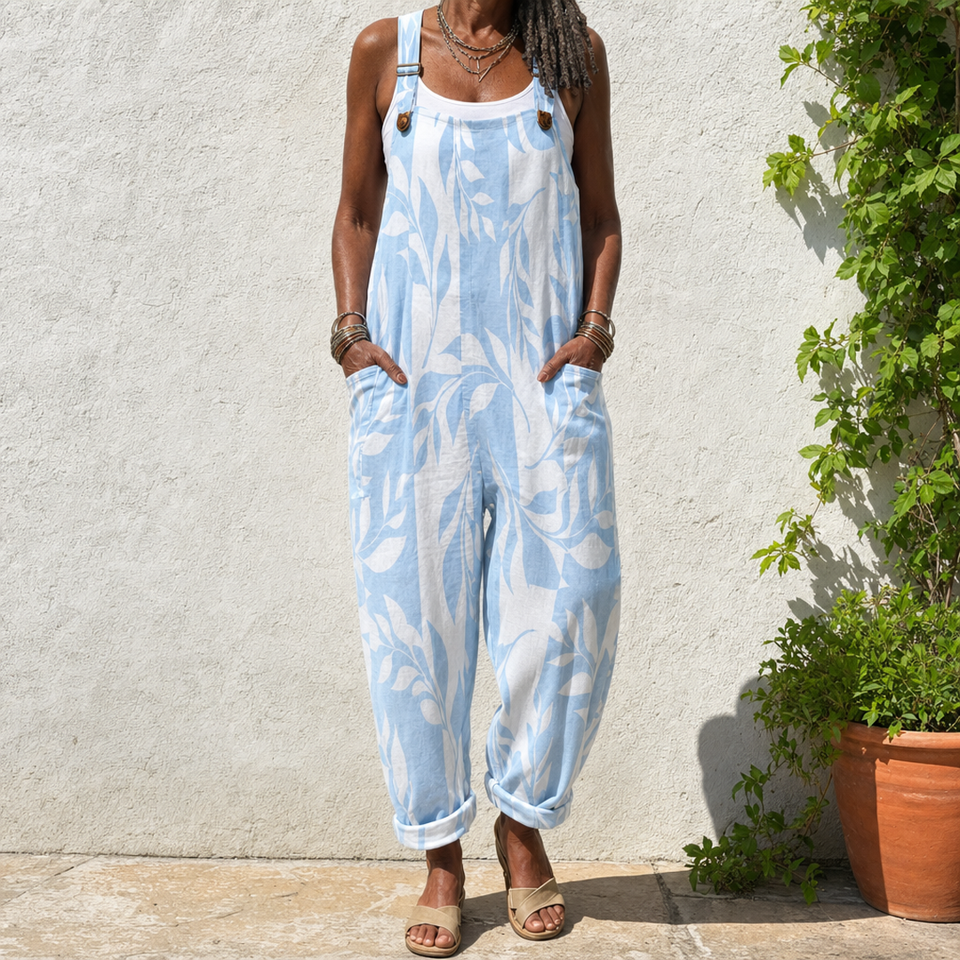 Wilhelmina | Blue Leaf Print Overalls