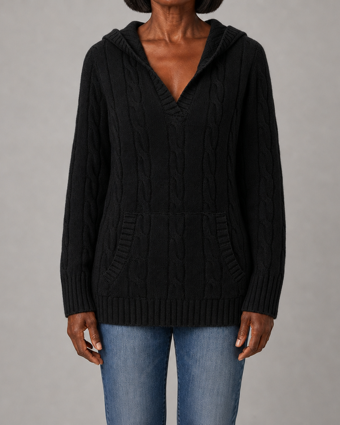 Corabelle | Cable-Knit V-neck Sweater With Hood