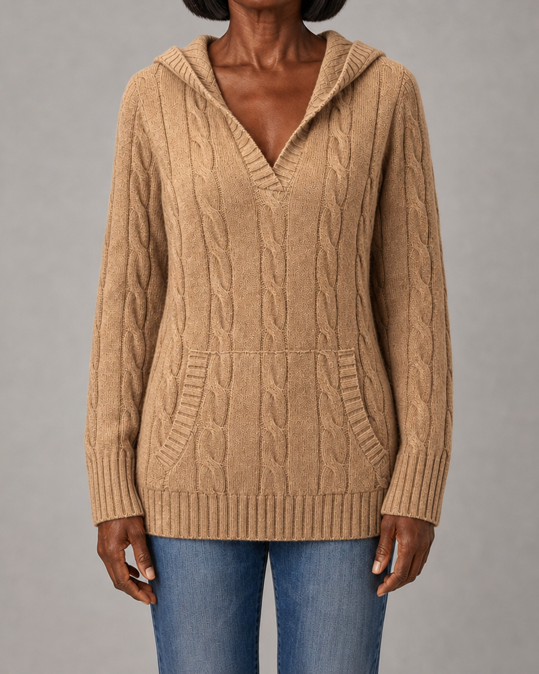 Corabelle | Cable-Knit V-neck Sweater With Hood