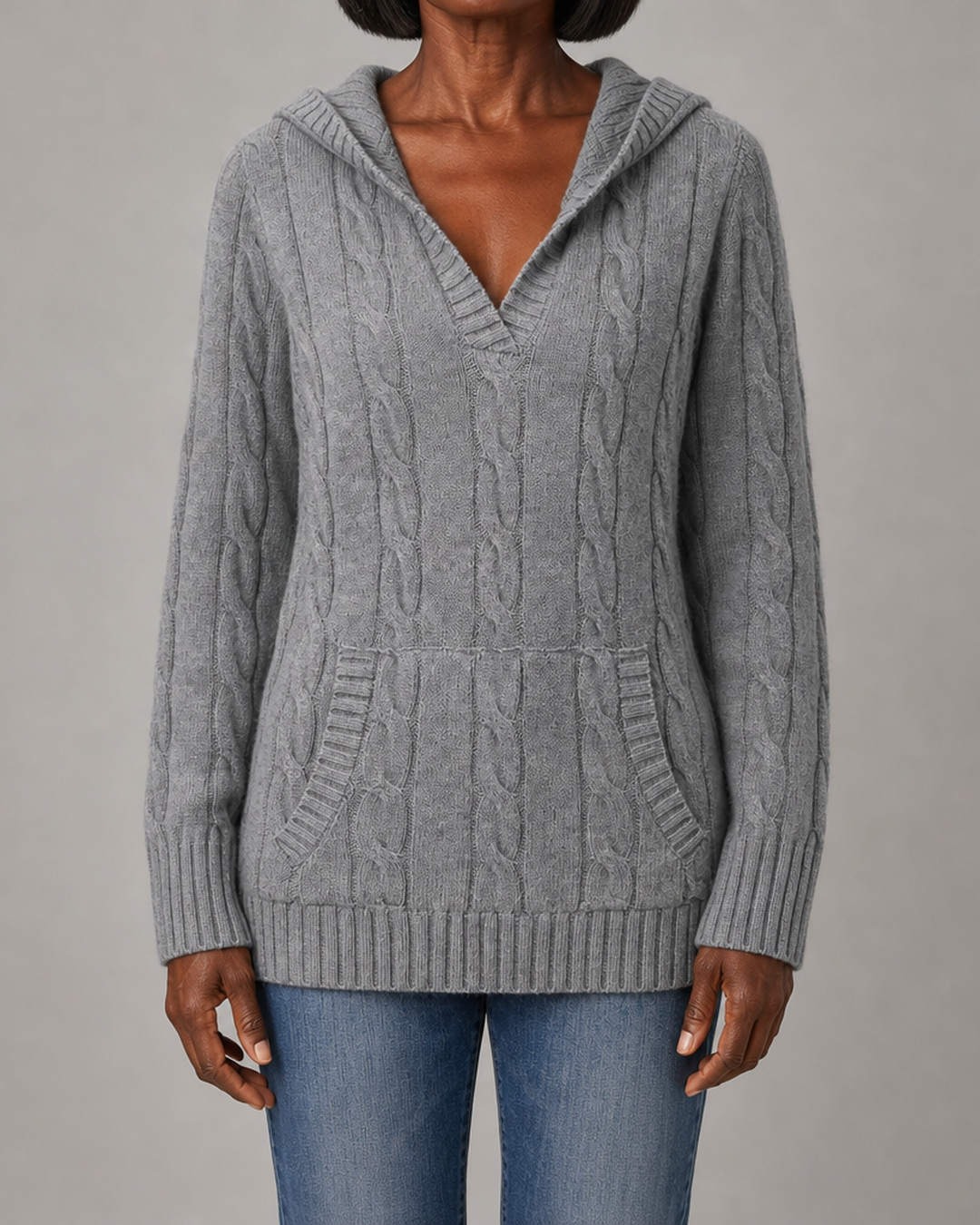 Corabelle | Cable-Knit V-neck Sweater With Hood
