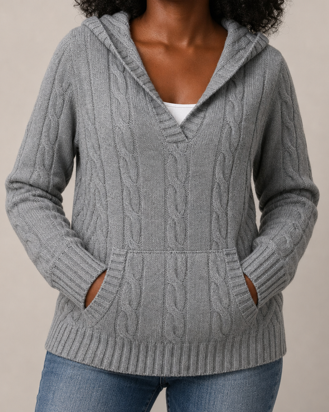 Corabelle | Cable-Knit V-neck Sweater With Hood