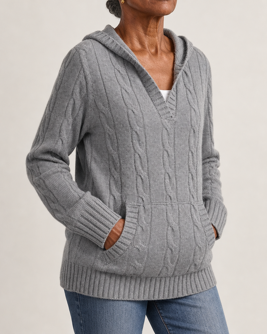 Cherie | Cable-Knit V-Neck Hooded Sweater