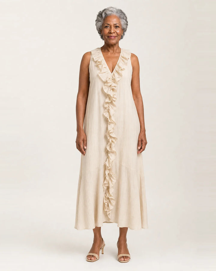 Vicky | Ruffle-Front V-Neck Sleeveless Linen Maxi Dress — Cream