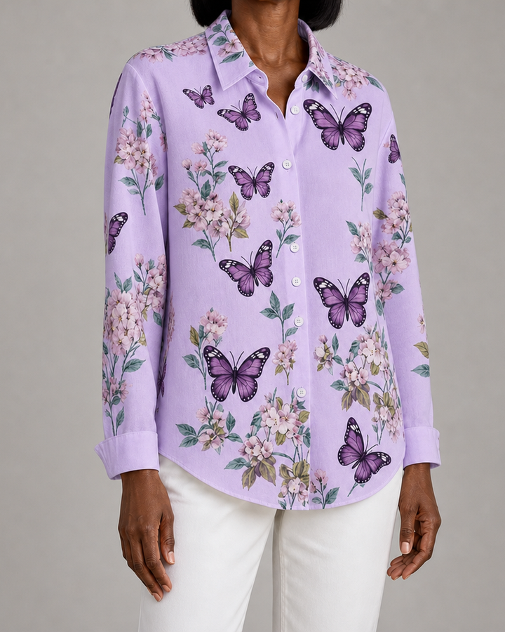 Dahlia™ | Whimsical Butterfly Print Button Blouse