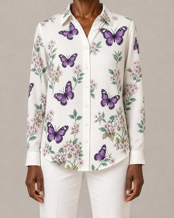 Dahlia™ | Whimsical Butterfly Print Button Blouse