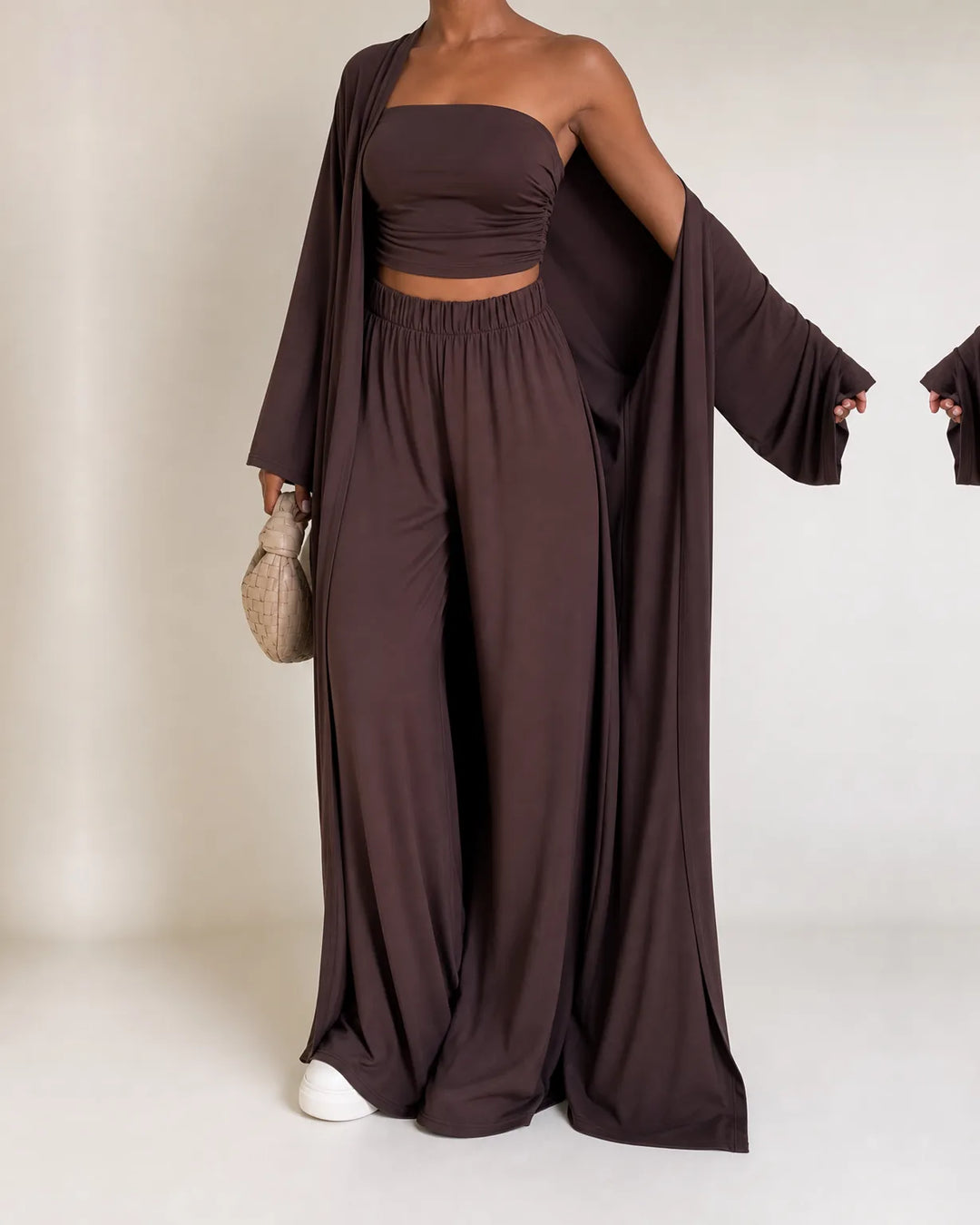 Amira | Strapless Top & Wide-Leg Set with Cardigan