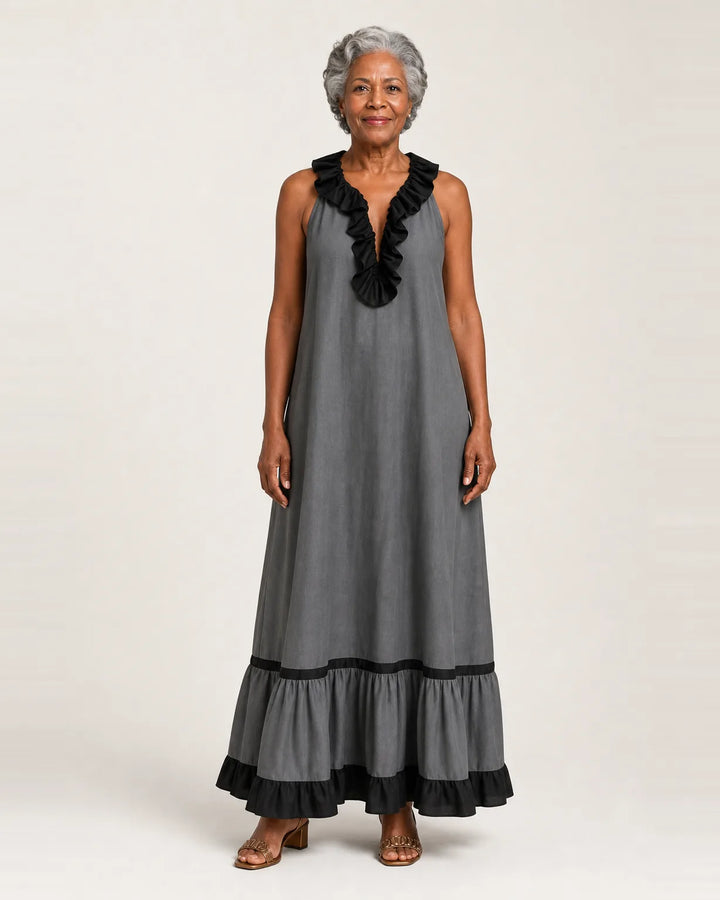 Mayline | Sleeveless Ruffle-Neck Contrast-Trim Maxi Dress — Dark Gray