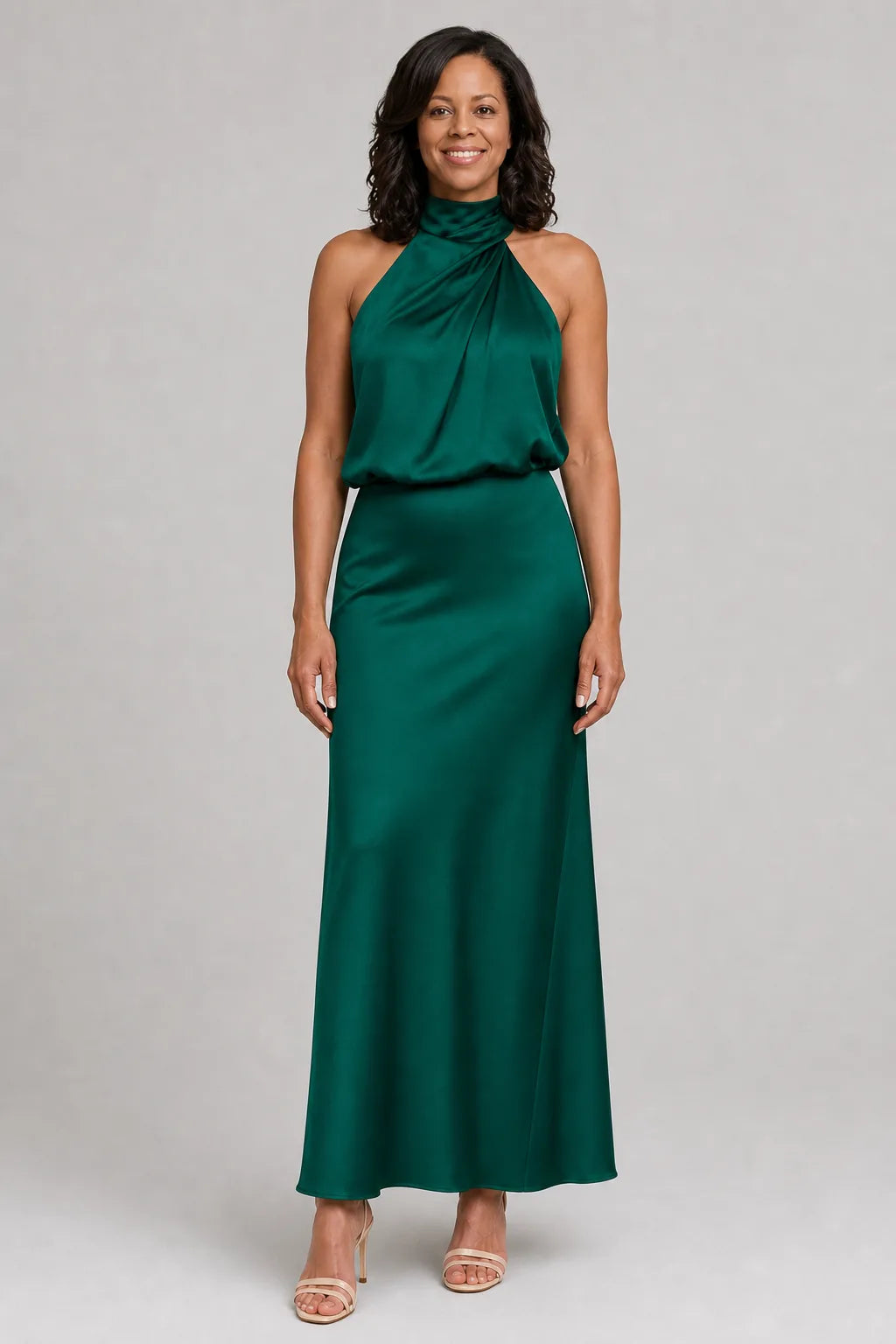 Nopal | Sleeveless Draped Neck Midi Dress — Dark green