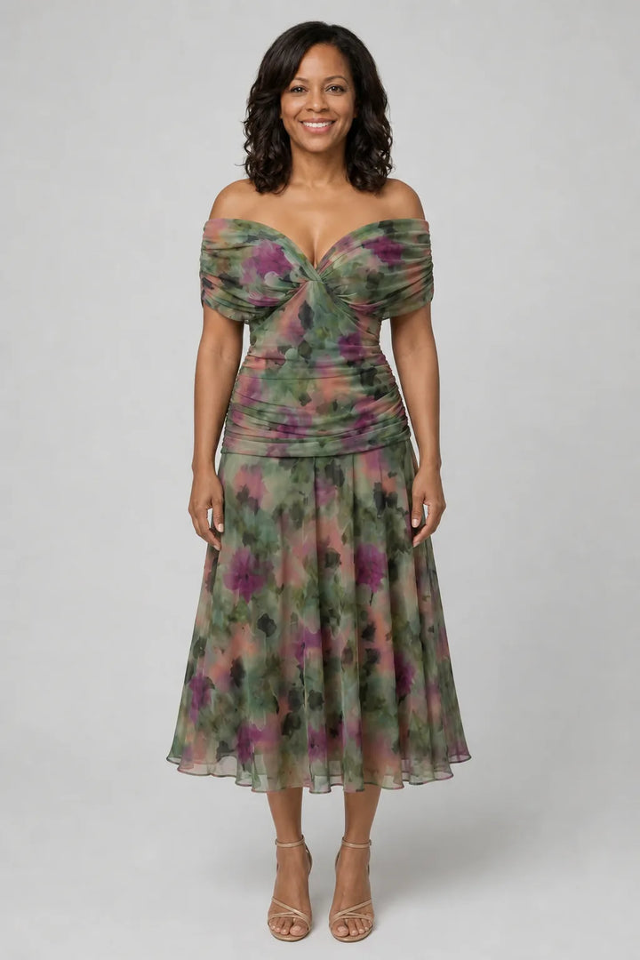Calen | Off Shoulder Flow Midi Dress — Dark green