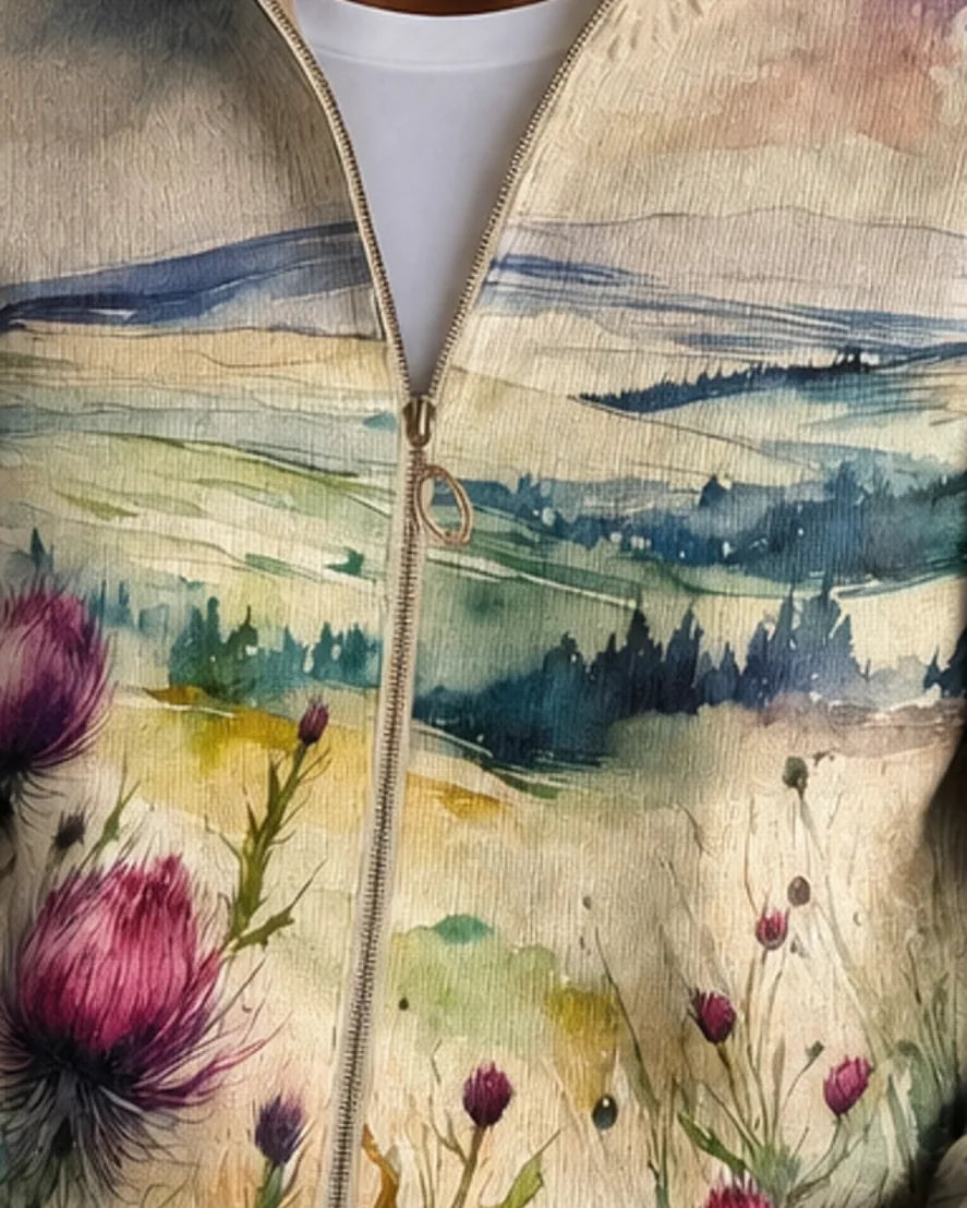 Zelda | Scottish Thistle Landscape Zip Cardigan