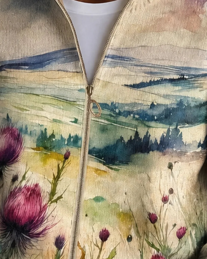 Zelda | Scottish Thistle Landscape Zip Cardigan