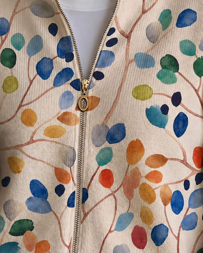 Imogene | Botanical Leaf Print Zip Cardigan