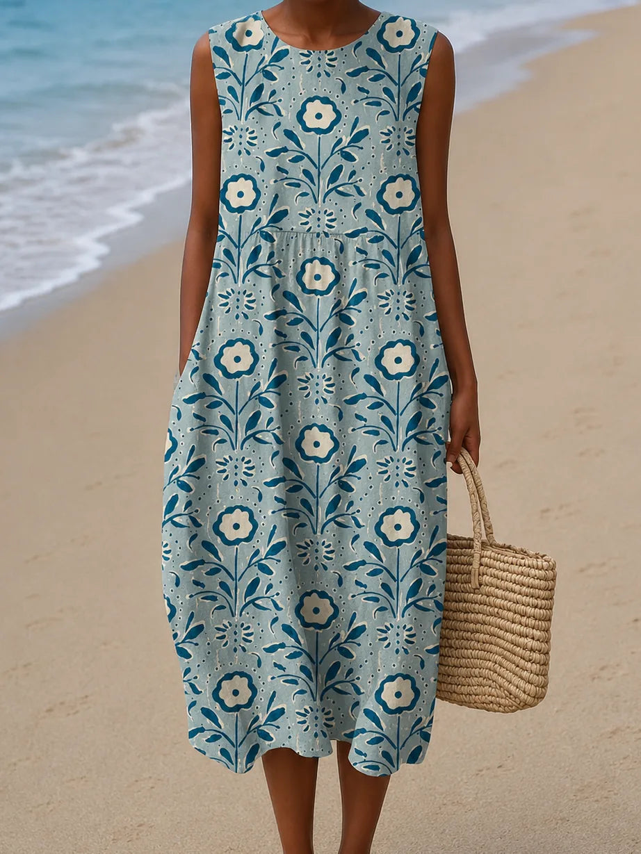 Catherine - Women's Sleeveless Printed Beach Midi Dress Loose