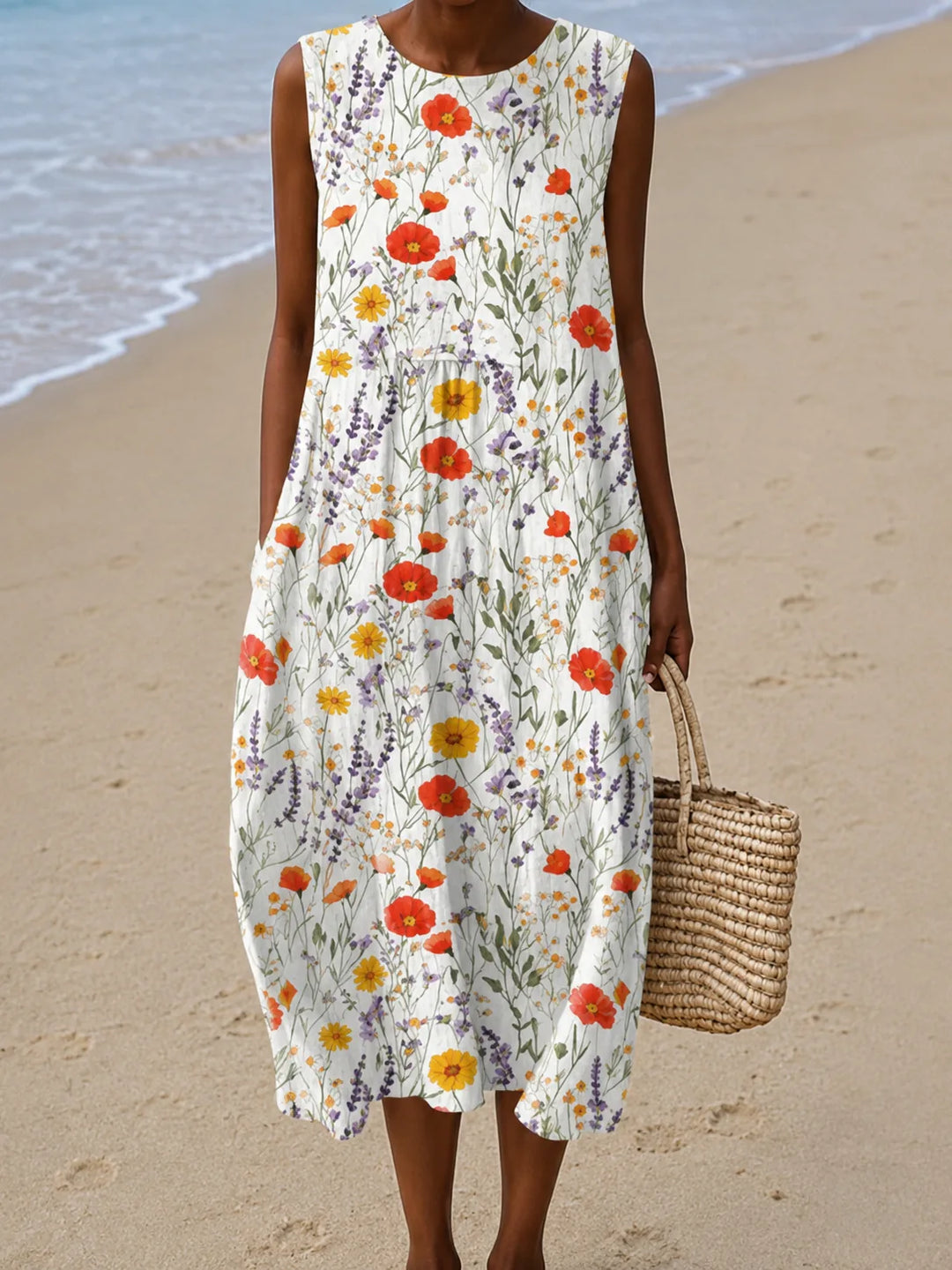 Delilah - Women's Sleeveless Printed Beach Midi Dress Loose