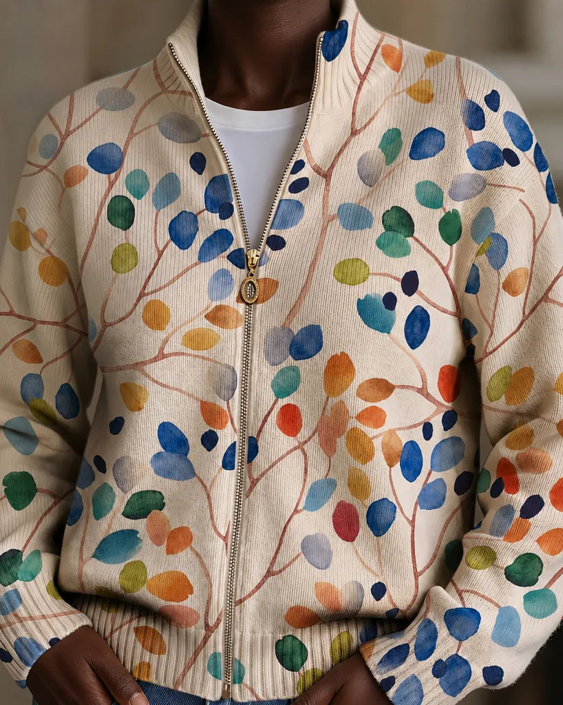 Imogene | Botanical Leaf Print Zip Cardigan