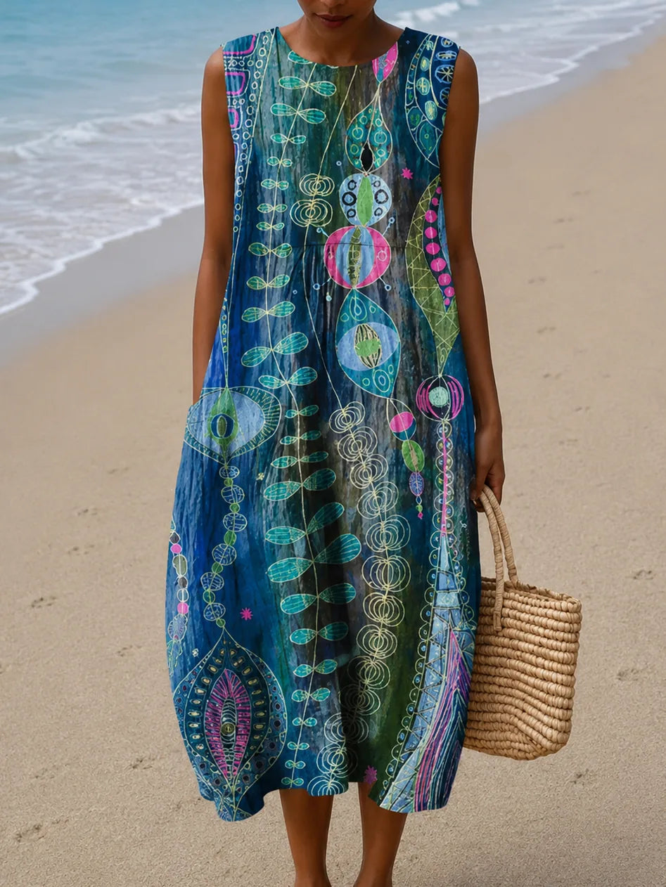 Anna - Women's Sleeveless Printed Beach Midi Dress Loose